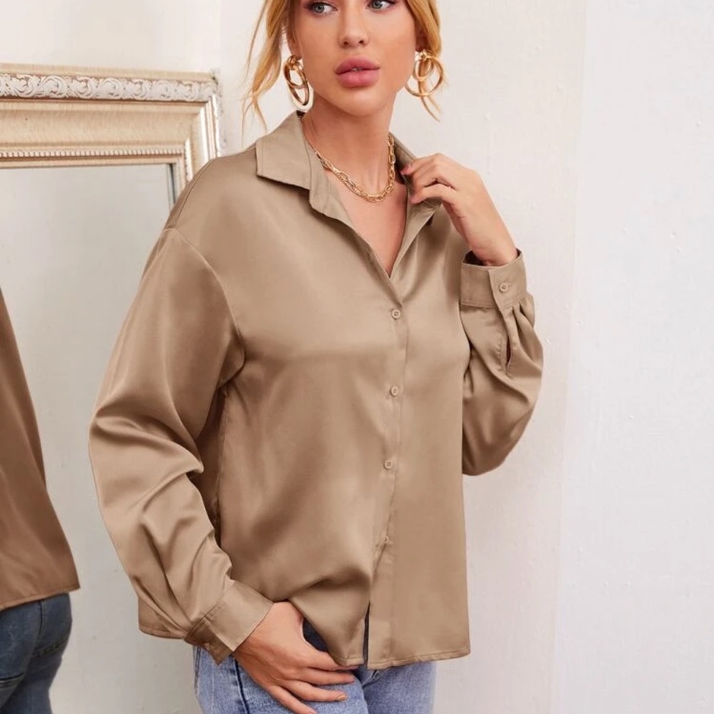 Satin silky button up blouse oversized dusty pink - Picture 4 of 7